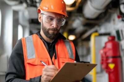 man wearing a hardhat and holding a clipboard